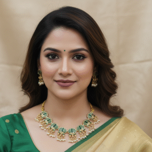 Traditional Green Enamel Lotus Choker Necklace Set with Dangling Pearl Drops and Matching Stud Earrings