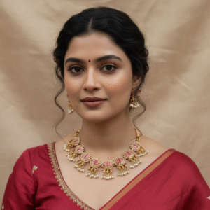 Traditional Pink Enamel Lotus Choker Necklace Set with Dangling Pearl Drops and Matching Stud Earrings