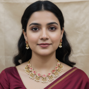 Traditional Lotus Choker Necklace Set with Pink Enamel, Dangling Pearl Drops & Matching Earrings