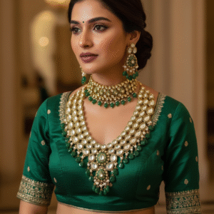 Designer Semi-Bridal Polki Kundan Necklace and Choker Set with Emerald Green Drops | Traditional Indian Wedding Jewelry