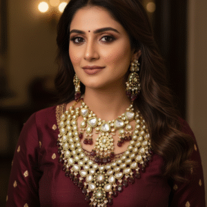 Regal Gold-Tone Polki Kundan Choker Necklace and Earrings Set with Deep Red/Maroon Beads | Ethnic Bridal Jewellery