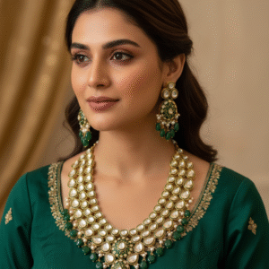 Elegant Polki Kundan Necklace and Earrings Set with Emerald Green Beads