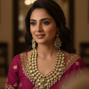 Pastel Mint Green Accented Polki Kundan Long Necklace Set | Semi-Bridal Ethnic Statement Jewellery