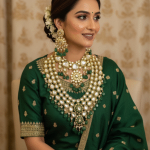 Semi-Bridal Polki Kundan Necklace and Earrings Set with Green Emerald Drops | Traditional Indian Wedding & Party Wear Jewelry for Women