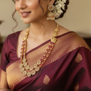 Traditional South Indian Temple Jewelry Long Haram Set with Pink Stones