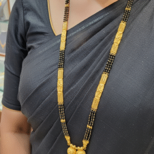 Ornate 30 Inch Gold Plated Mangalsutra with Designer Barrel Blocks | Traditional Black Beads Nallapusalu Twin Vati Necklace