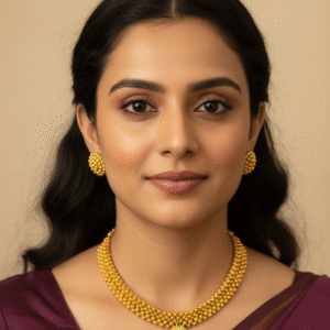 Classic Maharashtrian Gold Bead Thushi Choker Necklace with Ruby Stone Pendant and Matching Stud Earrings Set