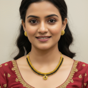 Maharashtrian Black and Gold Beads Thushi Choker Necklace with Pendant and Matching Stud Earrings Set