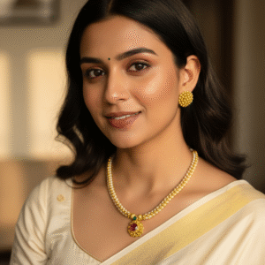 Traditional Gold Beaded Thushi Necklace with Laxmi Pendant & Pearls