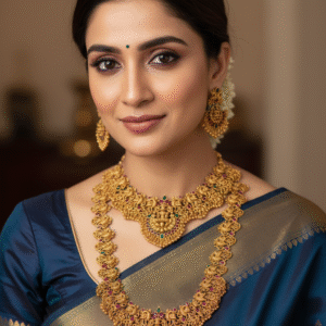 Grand Antique Gold Finish Temple Jewellery Combo Set: Goddess Lakshmi Choker Necklace, Long Haar, and Earrings