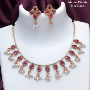 Traditional Matte Finish Gold Plated Choker Necklace Set with Teardrop Stones and Pearl Droplets for Women & Girls | Includes Matching Earrings | Available in Red, Green, and Multi-Color Variations