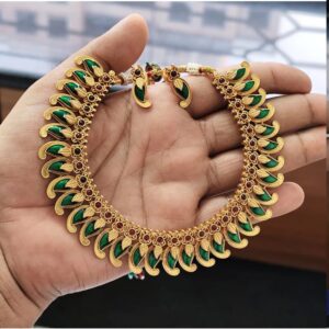 Ethnic Temple Jewellery with Meenakari Paisley Design and Matching Earrings (Available in Red, Green, and Royal Blue)