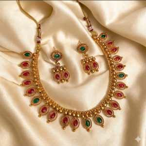 Antique Temple Jewellery with Matching Jhumka-style Earrings for Women & Girls (Available in Red and Red-Green Variations)