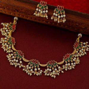Traditional Floral Choker Necklace Set with Green & Red Stones and Pearl Dangles for Women and Girls