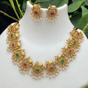 Ethnic Elephant Motif with Ruby & Emerald Stones and White Pearl Drops Temple Jewelry Choker Necklace Set for Women