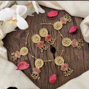 Traditional Gold Plated Lakshmi Coin Choker Necklace Set for Women | Ethnic Temple Jewelry with Lotus Enamel Work & Matching Earrings