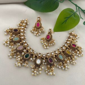Traditional Multi-Color Stone Choker Necklace Set with Pearls & Matching Earrings for Women