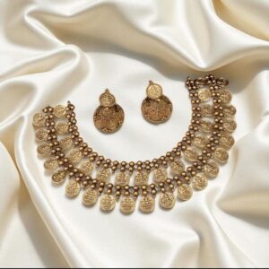 Traditional Antique Gold Plated Lakshmi Coin Choker Necklace Set with Matching Earrings | South Indian Temple Jewelry Kasu Mala for Women & Girls