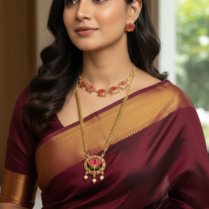 Luxurious Lotus Design Temple Jewelry Combo Set for Bride | Choker & Long Necklace with Matching Bangles and Earrings for Wedding/Festive Wear