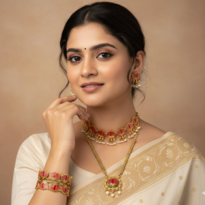 Traditional Red & Green Lotus Design Combo Necklace Set with Matching Earrings and Bangles for Women