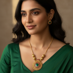 Ethnic Antique Gold Plated Round Temple Jewelry Pendant Necklace Set with Ruby Red and Emerald Green Stones for Women