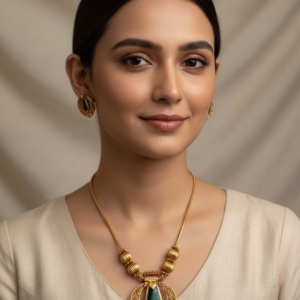 Ethnic Antique Carved Heart Pendant Chain with Statement Green Stone and Matching Stud Earrings for Festive Wear