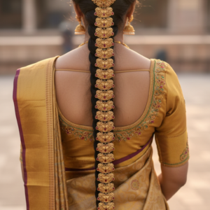 Traditional Gold Plated Long Choti / Jada Hair Accessory with Kemp Stones | Antique Temple Jewellery Hair Vine for Women, Brides & Bharatanatyam Dance (Ruby & Green)