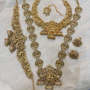 Matte Gold Plated Semi Bridal Combo | Antique Long Haram, Choker, Earrings, Maang Tikka & Vaddanam | Ruby Green Kemp Stones
