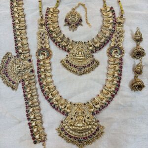 Goddess Lakshmi & Peacock Motif Semi-Bridal Set | Includes Long Haram, Choker, Jhumkas, Maang Tikka & kamarpatta