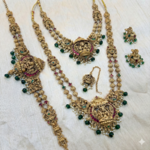 Traditional South Indian Temple Jewellery Semi Bridal Combo Set for Women | Matte Gold Finish Lakshmi Motif Long Haram, Necklace, Earrings, Maang Tikka & Hip Belt | Wedding & Festive Wear