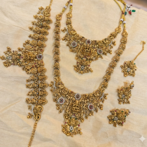 South Indian semi bridal antique gold temple jewellery set combo with hip belt and long necklace @ ₹1999