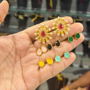 Indo-Western Interchangeable Kundan Ear Studs Set with 6 Pairs of Colorful Drop Stones – Floral Sunburst Design for Women and Girls