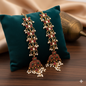 Traditional Matte Finish Kemp Stone Ear Chains with Pearl Drops – Ethnic Peacock Design Ear Patti/Mattilu for Women & Girls (Ruby Red & Emerald Green)