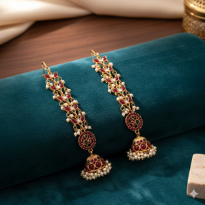 Traditional Matte Finish Kemp Stone Jhumka Earrings with Heavy Multi-Layered Ear Patti (Kaan Chain) | Temple Jewelry for Women & Girls | Red and Green