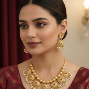 Traditional Matte Finish Choker Necklace Set with Antique Medallions, Emerald & Ruby Accents, and Pearl Droplets for Women