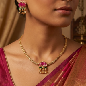Lotus Meenakari Necklace and Earrings Set – Handcrafted Pink Enamel Floral Choker with Golden Ghungroo Drops for Women and Girls