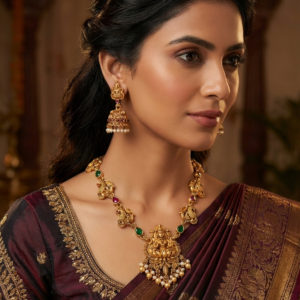 Goddess Lakshmi Temple Jewellery Set | Antique Matte Finish Necklace with Matching Jhumka Earrings | Ethnic Floral & Peacock Motif Bridal Jewellery for Women