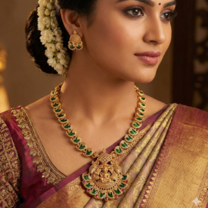 Antique Ganesha Pendant Necklace with Green Kemp Stones and Matching Jhumka Earrings