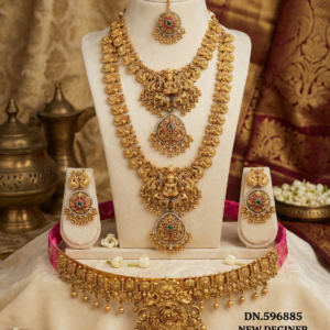 Nakshi Nagas Work Goddess Lakshmi Bridal Collection | Includes Long Haram, Necklace, Earrings, Maang Tikka, and Adjustable Kamarbandh (Vadiyanam)