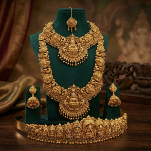 Traditional South Indian Temple Jewelry Bridal Set | Nagas Work Necklace, Haram, Jhumkas, Maang Tikka, and Adjustable Kamarband (Vaddanam) with Belt