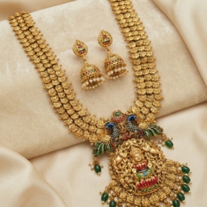 Antique Lakshmi Long Haram Necklace with Peacock Nakshi Pendant & Matching Jhumka Earrings