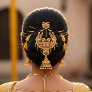 Traditional Gold Plated Amboda Hair Pin for Women | Antique Style Peacock Design South Indian Temple Jewellery Bun Clip with Kemp Stones & Jhumka Dangler