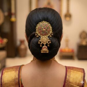 Antique Gold Plated Ruby & Emerald Stone Bridal Juda Bun Clip | Classical Dance & Wedding Hair Accessories