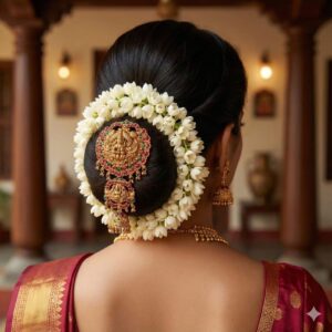 South Indian Temple Lakshmi Amboda Hair Pin for Women & Girls | Bridal Bun Accessory with Kemp Stones & Jhumka Drop (Red & Green)