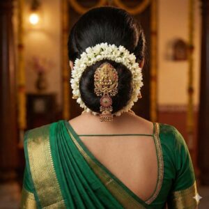 Traditional South Indian Temple Jewellery Matte Gold Goddess Lakshmi Amboda Hair Pin / Juda Bun Clip with Jhumka & Kemp Stones for Women & Brides (Red & Green)