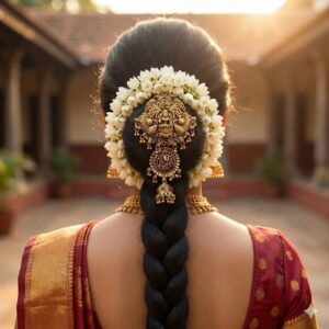 Antique Gold Finish Lakshmi & Peacock Ambada Hair Pin - Traditional South Indian Temple Jewellery Juda Bun Accessory for Women & Brides