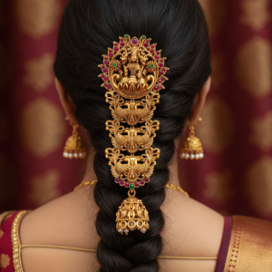 South Indian Temple Jewellery Braid Accessory with Kemp Stones & Jhumka Drop