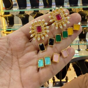 Multi-Color Changeable Kundan Stud Earrings for Women – Traditional Gold-Plated Floral Sunburst Design with 6 Pairs of Interchangeable Stones