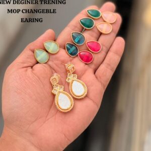 Indo-Western 2-in-1 Mother of Pearl (MOP) Interchangeable Stud Drop Earrings Set – Handcrafted Kundan Gold-Plated Jewelry with 6 Multi-Color Tear-Drop Stones for Women & Girls