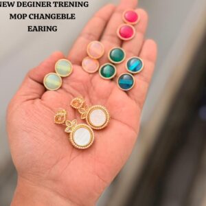 Royal Gold-Plated Changeable Mother of Pearl (MOP) Stud Earrings Set for Women - 6 Interchangeable Color Stones with Kundan & Pearl Detailing